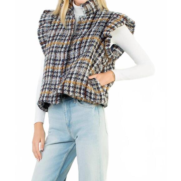 NEW THML plaid tweed collared vest in blue - Picture 2 of 6